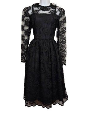 VTG CARON Black Lace Dress Long Sleeve Midi Made In USA Floral Print 4 Small